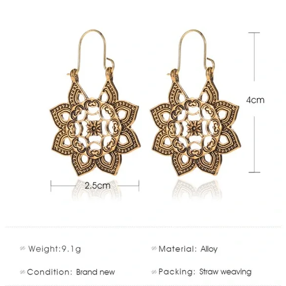 Womens Gold Elegance Dangle Hoop Flower Lotus Bohemian Earrings NWOT - Picture 4 of 4